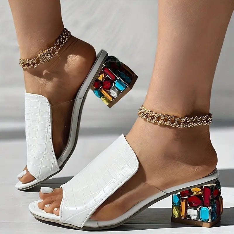 The Riviera Jewel-Heel Square-Toe Mules