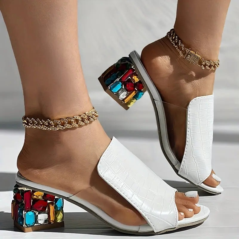 The Riviera Jewel-Heel Square-Toe Mules