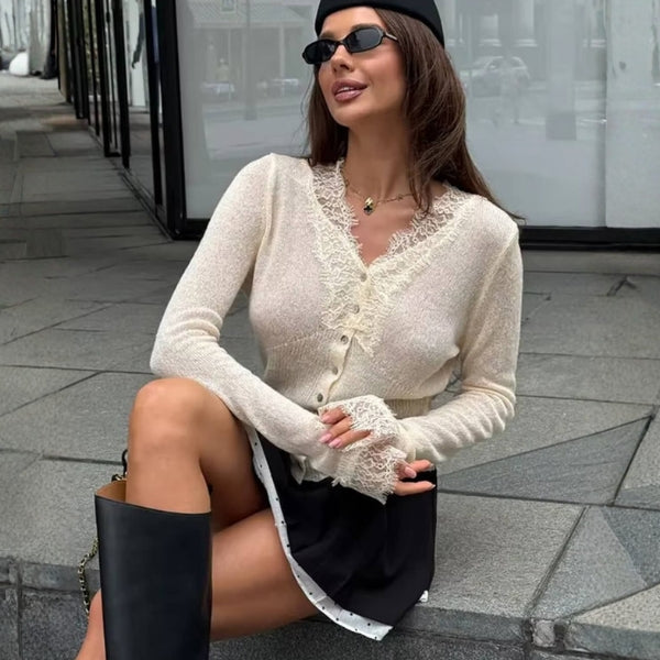 The Paris Lace-Trim Ribbed Cardigan