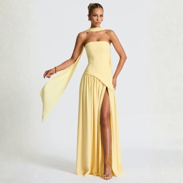 The Riviera Asymmetric-Waist Strapless Maxi Dress