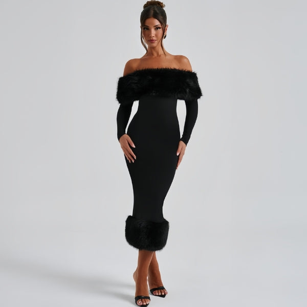The Riviera Faux-Fur Trim Off-Shoulder Maxi Dress