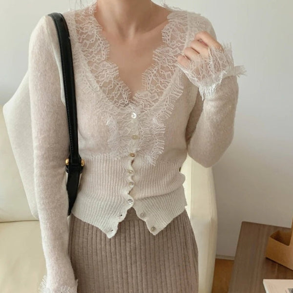 The Paris Lace-Trim Ribbed Cardigan