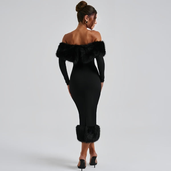 The Riviera Faux-Fur Trim Off-Shoulder Maxi Dress