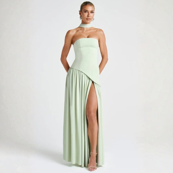 The Riviera Asymmetric-Waist Strapless Maxi Dress