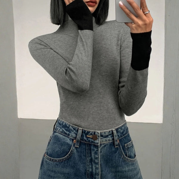 The Milano Contrast-Cuff Mock Neck Knit Top