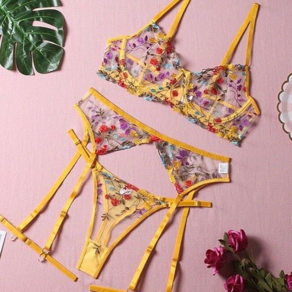 The Marise Embroidered 3-Piece Lingerie Set