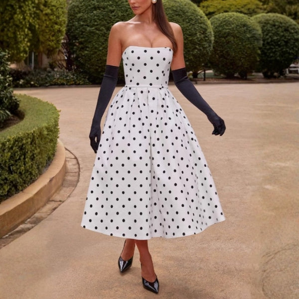 The Sorrento Polka-Dot Strapless Midi Dress