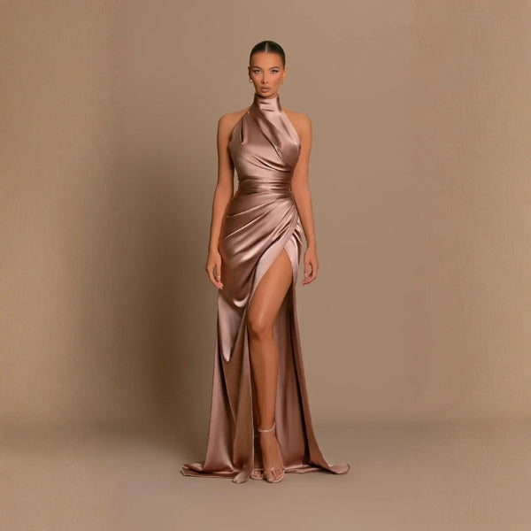 The Sienna Satin High-Neck Maxi Dress