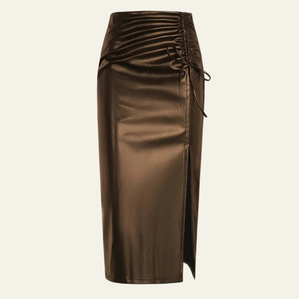 The Siena Ruched-Side Leather Midi Skirt