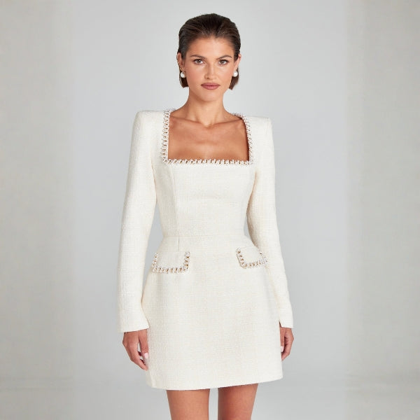 The Monaco Pearl-Trim Square-Neck Mini Dress
