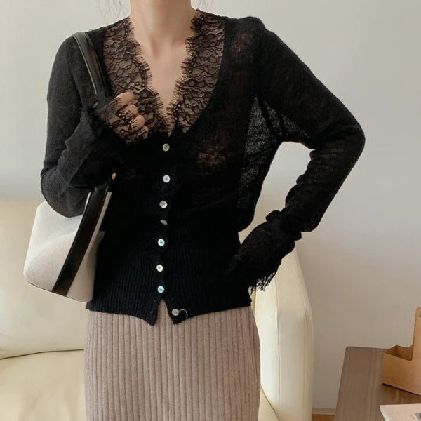 The Paris Lace-Trim Ribbed Cardigan