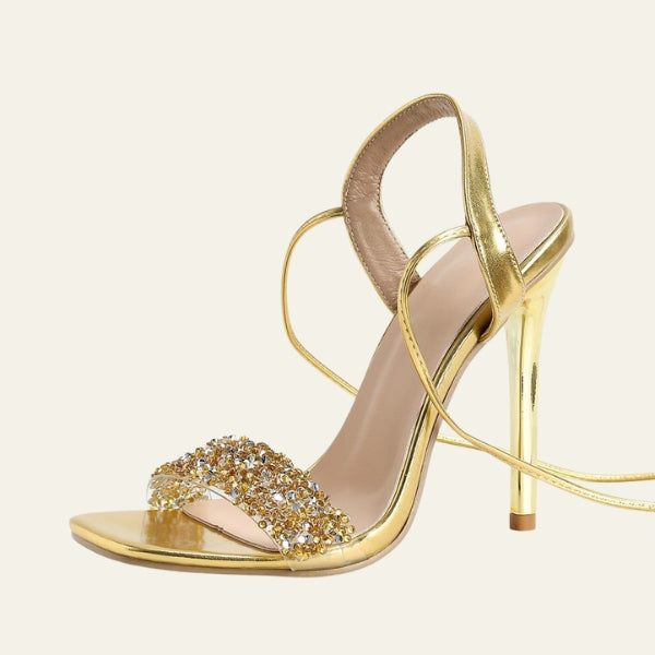 The Riviera Lace-Up Crystal Strap Heels