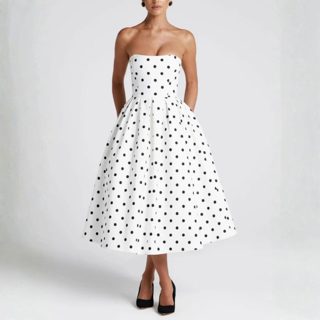 The Sorrento Polka-Dot Strapless Midi Dress