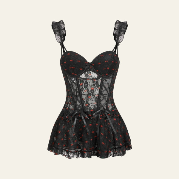 The Verona Cherry-Print Lace Thong Set