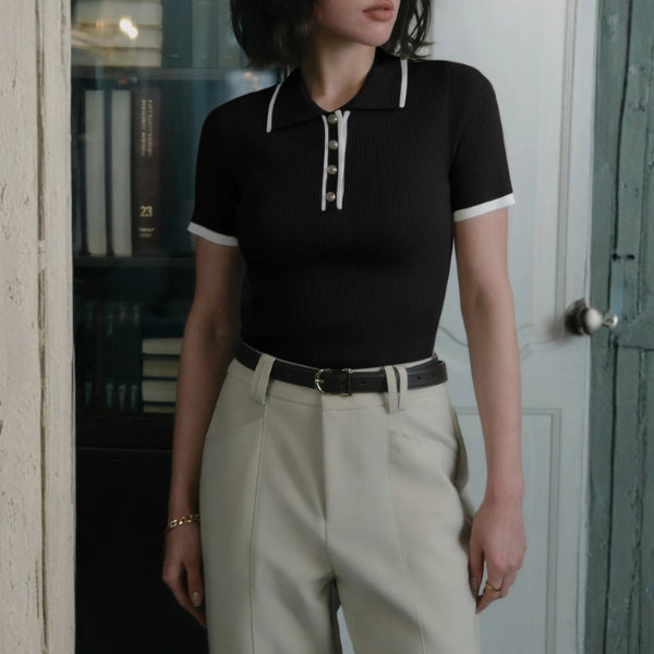 The Audrey Ribbed Polo Knit Top
