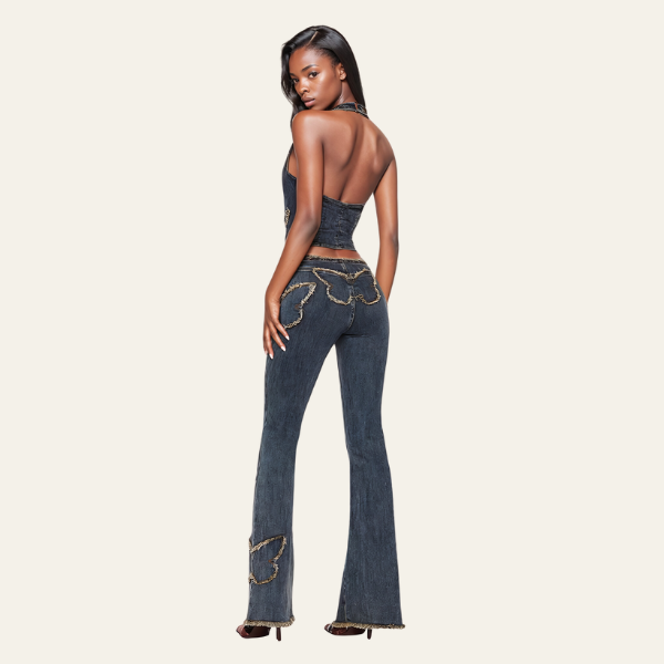 Denim Butterfly Halter Top & Flared Jeans Set