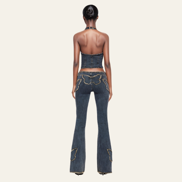 Denim Butterfly Halter Top & Flared Jeans Set