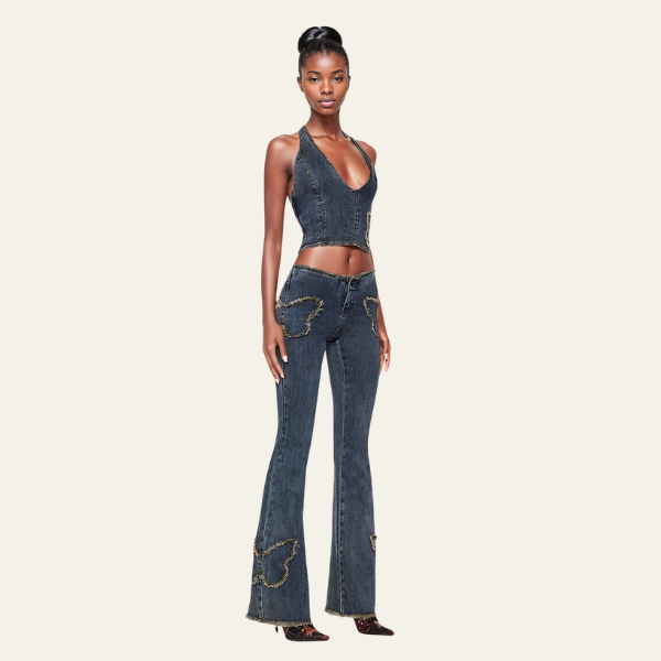 Denim Butterfly Halter Top & Flared Jeans Set
