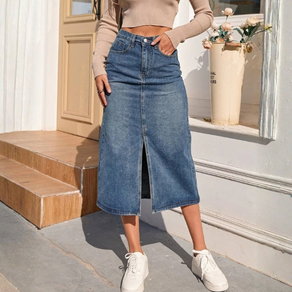 The Shoreline Front-Split Denim Skirt
