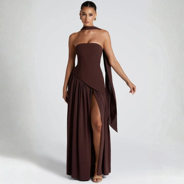 The Riviera Asymmetric-Waist Strapless Maxi Dress