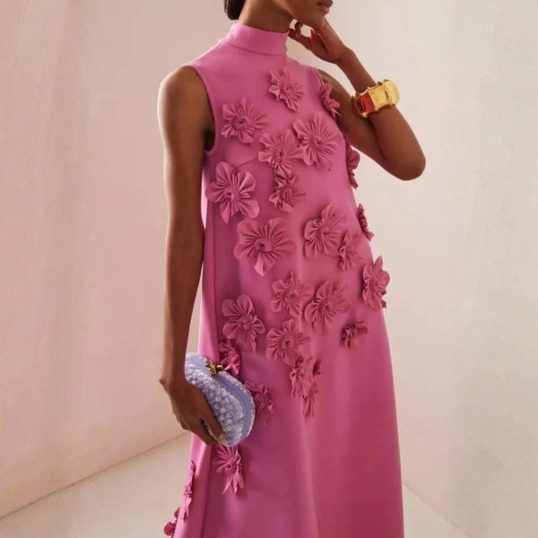 The Verona Floral-Appliqué Mock-Neck Maxi Dress