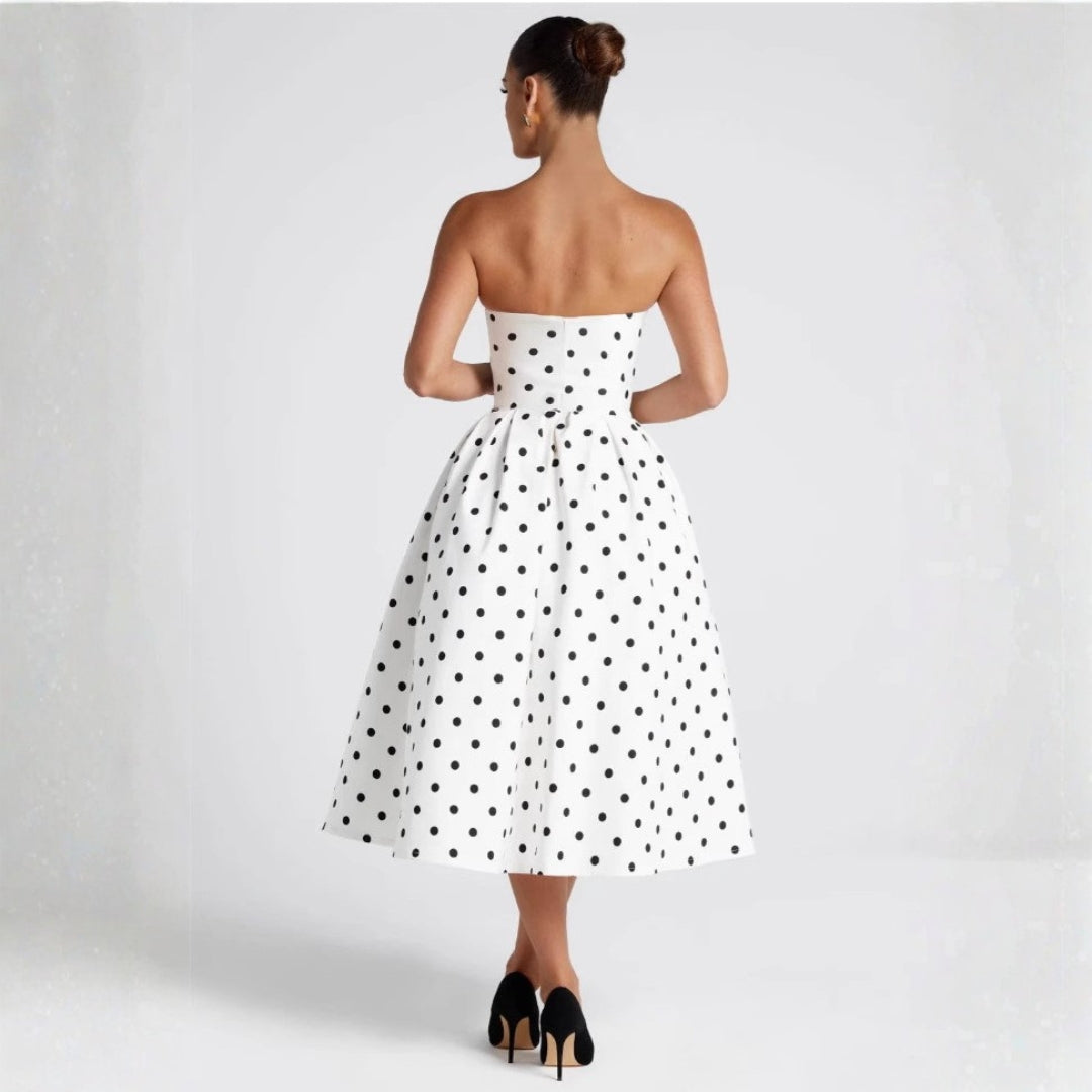 The Sorrento Polka-Dot Strapless Midi Dress