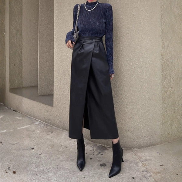 The Monaco Wrap-Front Leather Midi Skirt