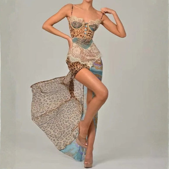 The Sofia Mixed-Print Corset Maxi Dress