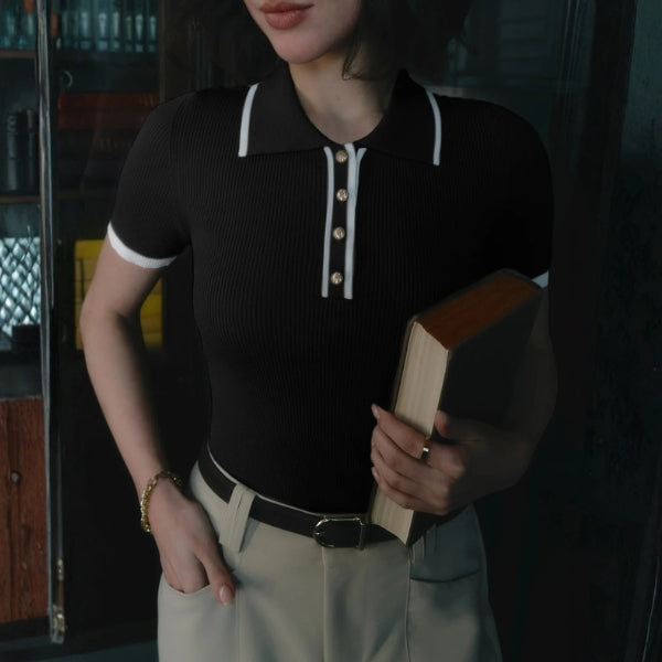 The Audrey Ribbed Polo Knit Top
