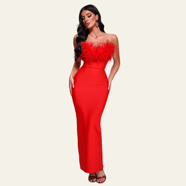 The St. Moritz Feathered Evening Maxi Strapless Dress