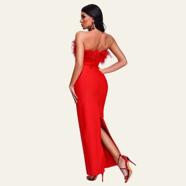 The St. Moritz Feathered Evening Maxi Strapless Dress