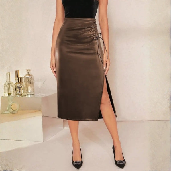 The Siena Ruched-Side Leather Midi Skirt