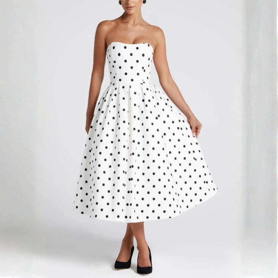 The Sorrento Polka-Dot Strapless Midi Dress