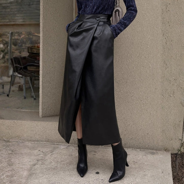 The Monaco Wrap-Front Leather Midi Skirt