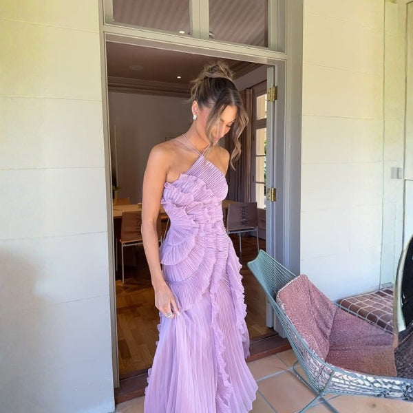 The Isola Evening Pleated Ruffle Maxi Dress