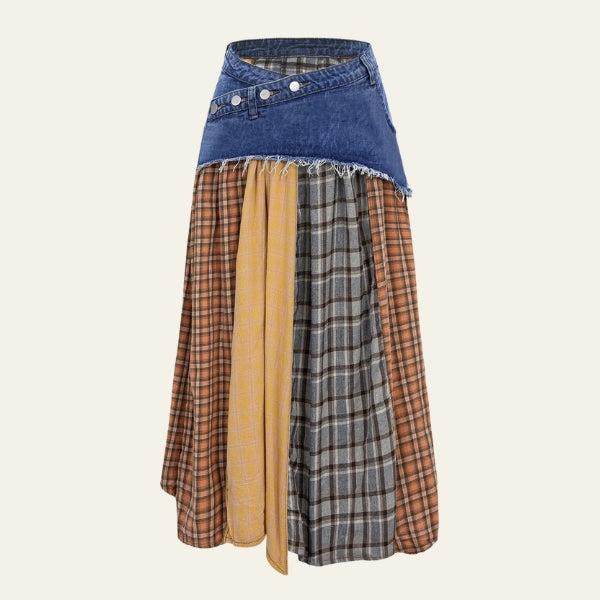 The Aspen Patchwork Denim-Waist Midi Skirt