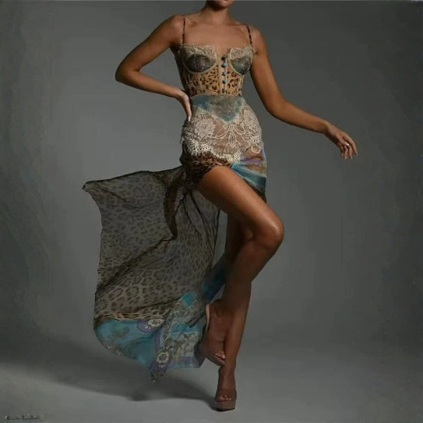 The Sofia Mixed-Print Corset Maxi Dress