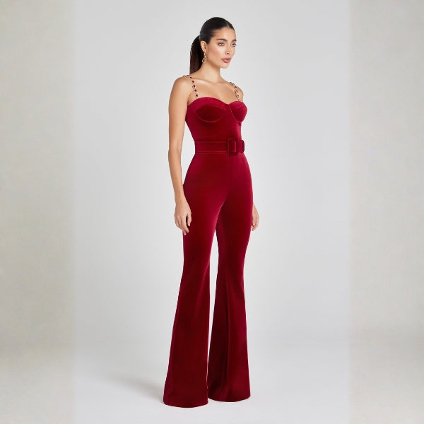 The Verona Jeweled-Strap Flared Jumpsuit