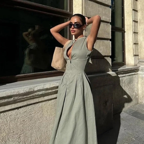 The Santorini Zip-Front Pleated Dress
