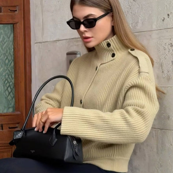 The Milan Ribbed Stand-Collar Cardigan