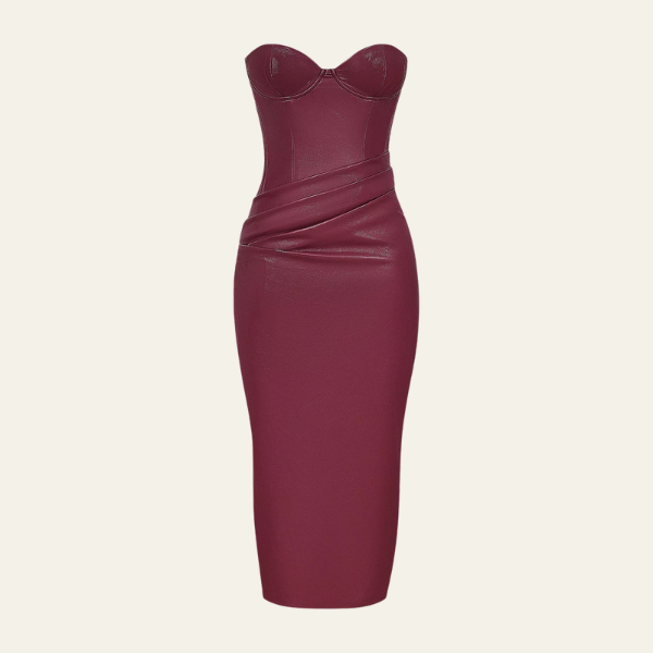 burgundy strapless leather dress Victoire Burgundy Strapless Textured Leather Mini Dress, S / Red