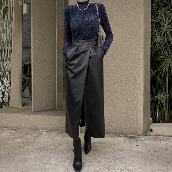 The Monaco Wrap-Front Leather Midi Skirt