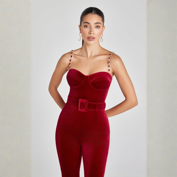 The Verona Jeweled-Strap Flared Jumpsuit