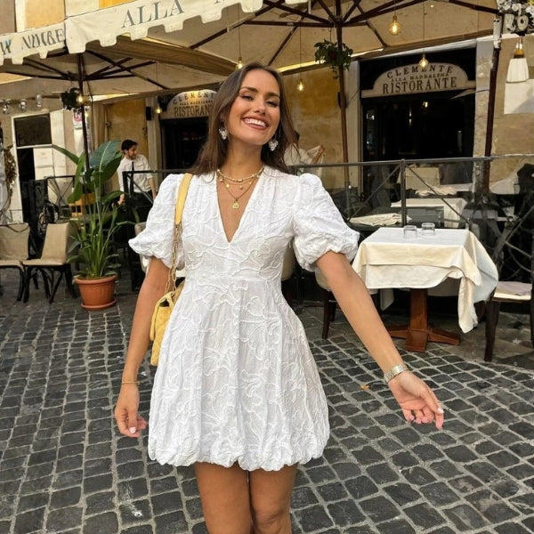 The Capri Textured Puff-Sleeve Mini Dress