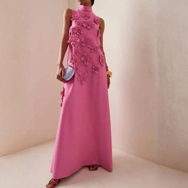 The Verona Floral-Appliqué Mock-Neck Maxi Dress