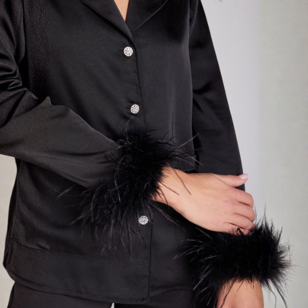 The Darcie Feather-Trim Satin Pajama Set