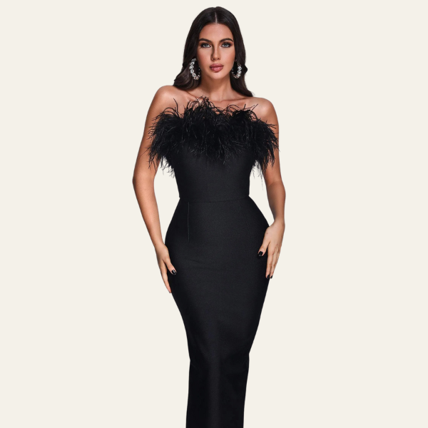 The St. Moritz Feathered Evening Maxi Strapless Dress
