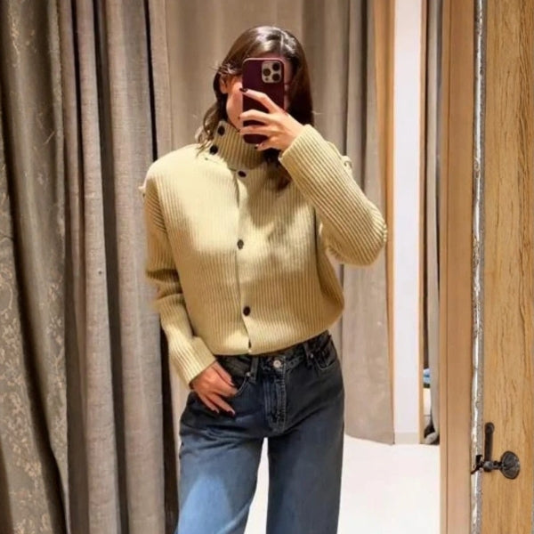 The Milan Ribbed Stand-Collar Cardigan