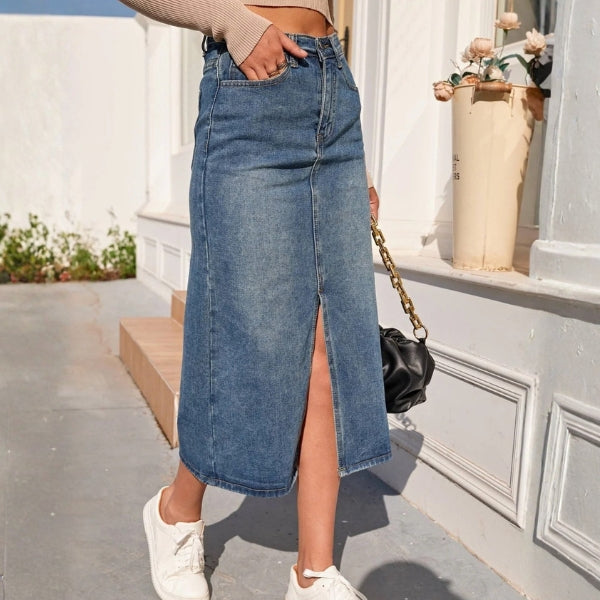 The Shoreline Front-Split Denim Skirt
