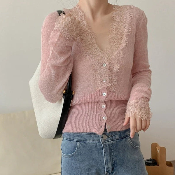 The Paris Lace-Trim Ribbed Cardigan